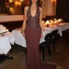 Slim Bodycon Halter Sequin Maxi Dress for Evening Parties