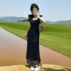 Women's Japanese-Style V-Neck Ruffle Chiffon Maxi Dress – A-Line