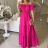 Off-the-Shoulder Tiered Maxi Dress with Ruffle Sleeves