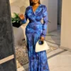 Elegant Printed V-Neck Long-Sleeve Draped A-Line Maxi Dress