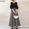 Women's Contrast-Color V-Neck A-Line Maxi Dress with Lantern Sleeves