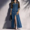 Faux Denim Maxi Shirt Dress with Mesh Detail and Slit