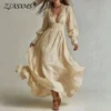 Boho Deep V-Neck Puff-Sleeve A-Line Maxi Dress