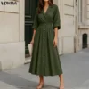 Solid A-Line Shirt Dress with Turn-Down Collar and 3/4 Sleeves