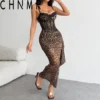 Leopard Lace Maxi Dress with Strapless Neckline