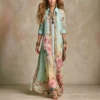 Boho Ankle-Length Shirt Dress with Turn-Down Collar and Long Sleeves