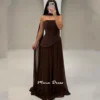 Brown Floor-Length A-Line Evening Gown with Criss-Cross Draping