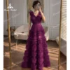 Purple A-Line Prom Dress with V-Neck and Tiered Tulle
