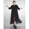Black Patchwork Knit Maxi T-Shirt Dress with Short Sleeves