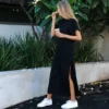Women's Korean-Style Black Maxi T-Shirt Dress – Short Sleeve