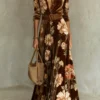 Floral Maxi Dress with Lapel Collar, Long Sleeves and Button Details