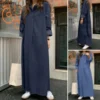 Women's Casual Denim Maxi Dress – V-Neck Long Sleeve
