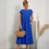 Linen Midi Dress with Pockets and Short Sleeves
