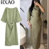 Green Chain Print Straight Maxi Dress with Half Sleeves and O-Neck