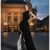 Black Stand-Collar A-Line Maxi Dress with Asymmetric Slit